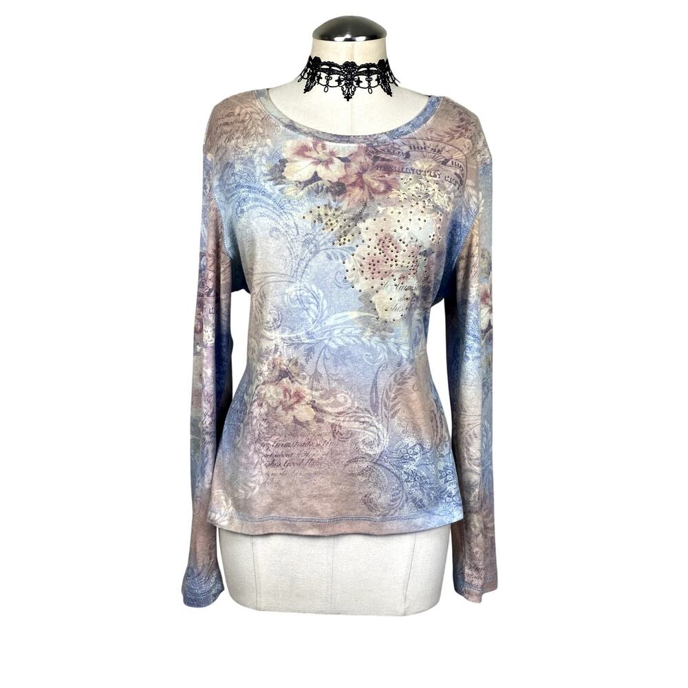 Vtg Y2K Apt.9 Rhinestone Floral Coquette Cottage Fairy Pastel Long Sleeve Sz XL